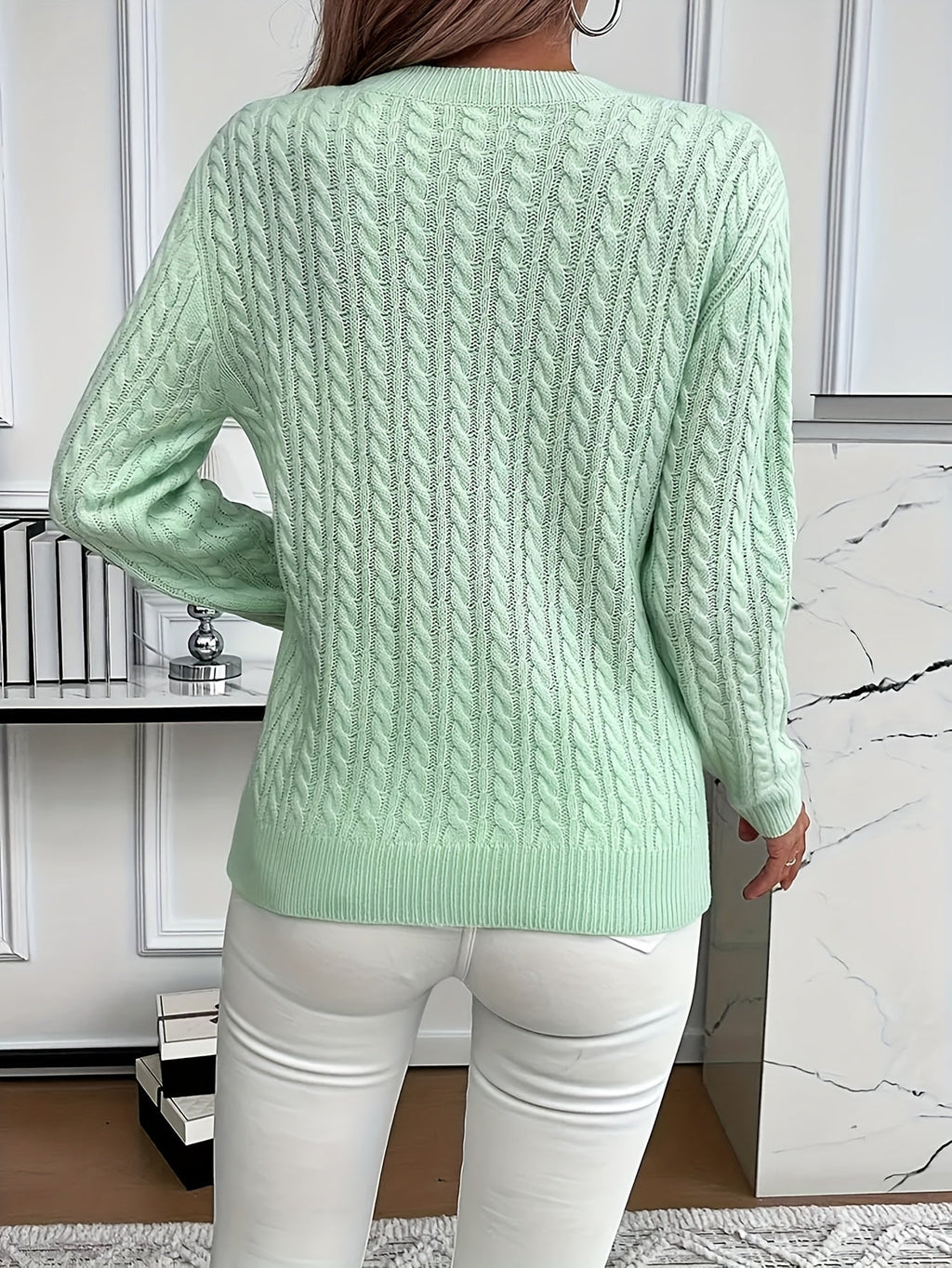 Mint Green Cable Knit Sweater Women's Round Neck Long Sleeve – Casual, Office