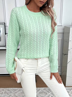 Mint Green Cable Knit Sweater Women's Round Neck Long Sleeve – Casual, Office