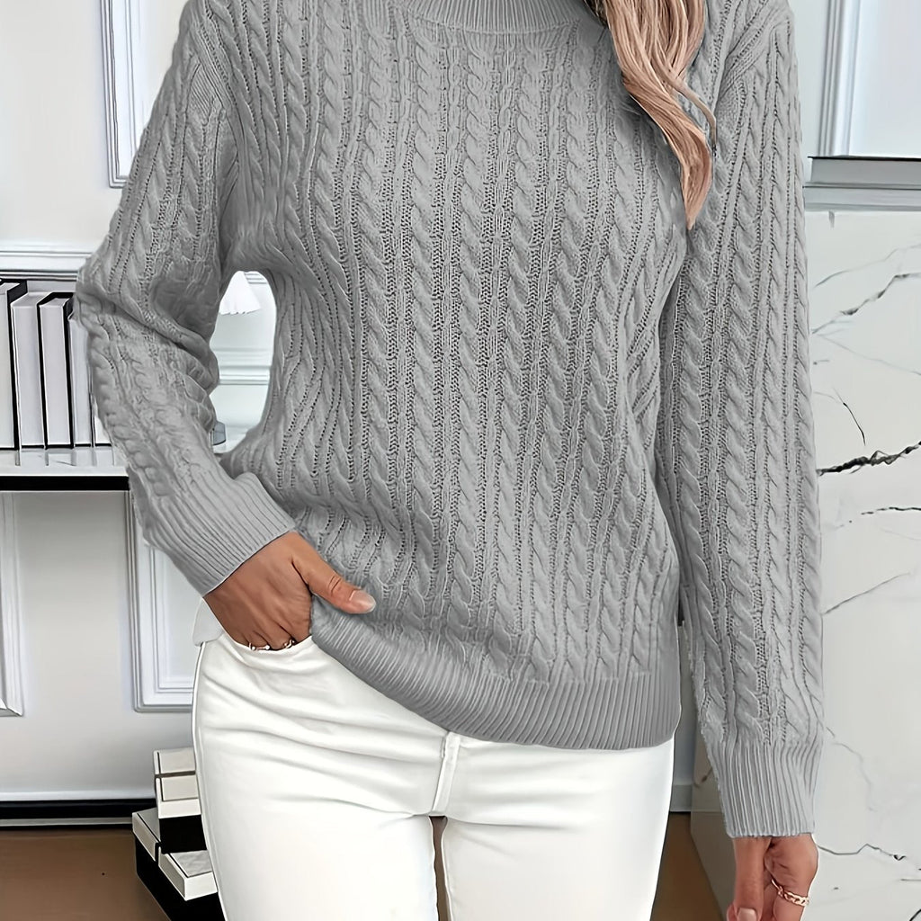 Mint Green Cable Knit Sweater Women's Round Neck Long Sleeve – Casual, Office