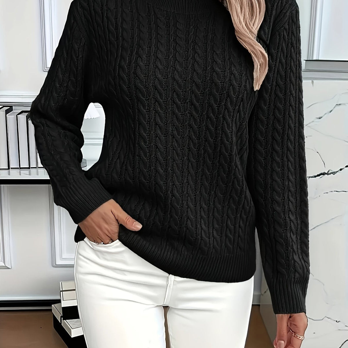 Mint Green Cable Knit Sweater Women's Round Neck Long Sleeve – Casual, Office