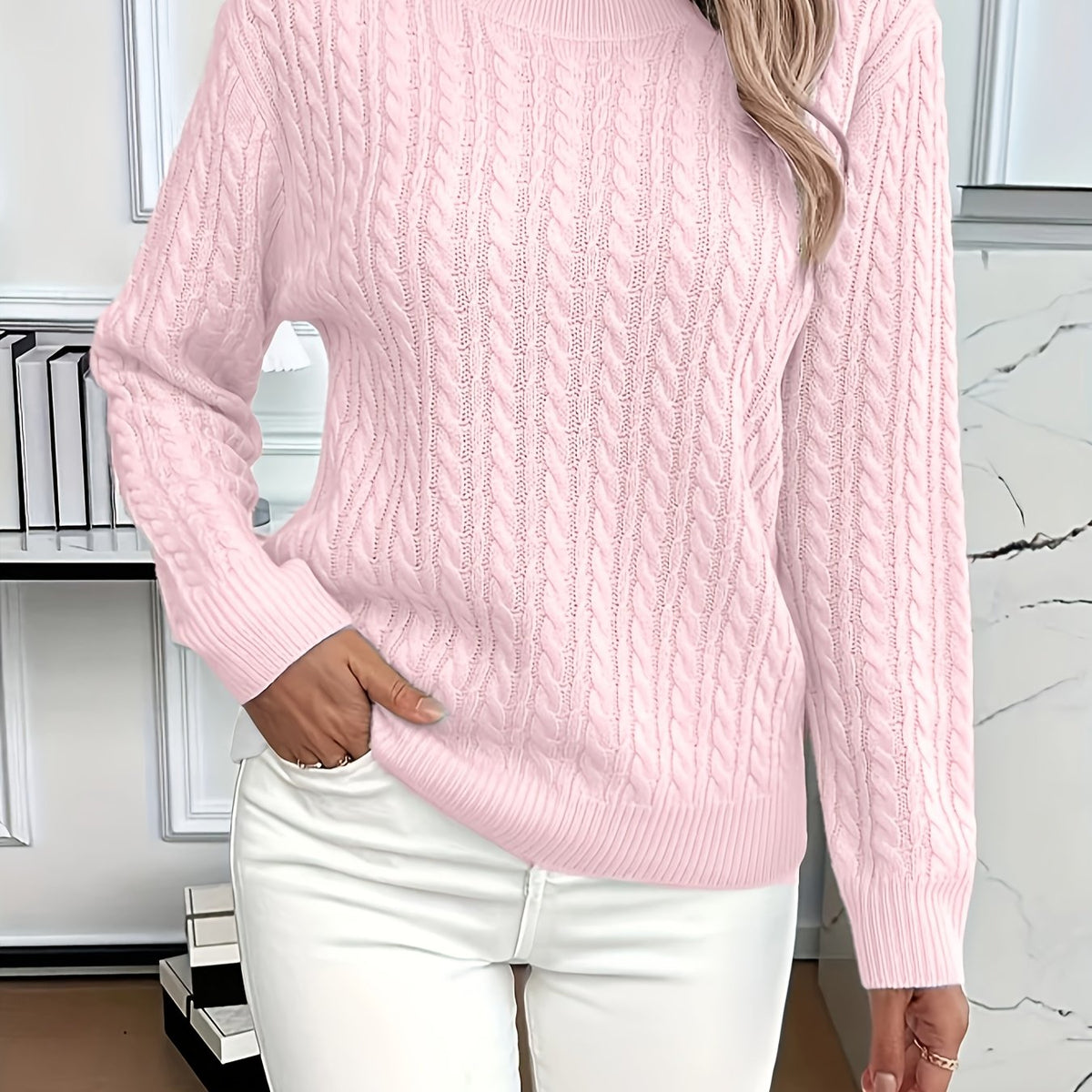 Mint Green Cable Knit Sweater Women's Round Neck Long Sleeve – Casual, Office