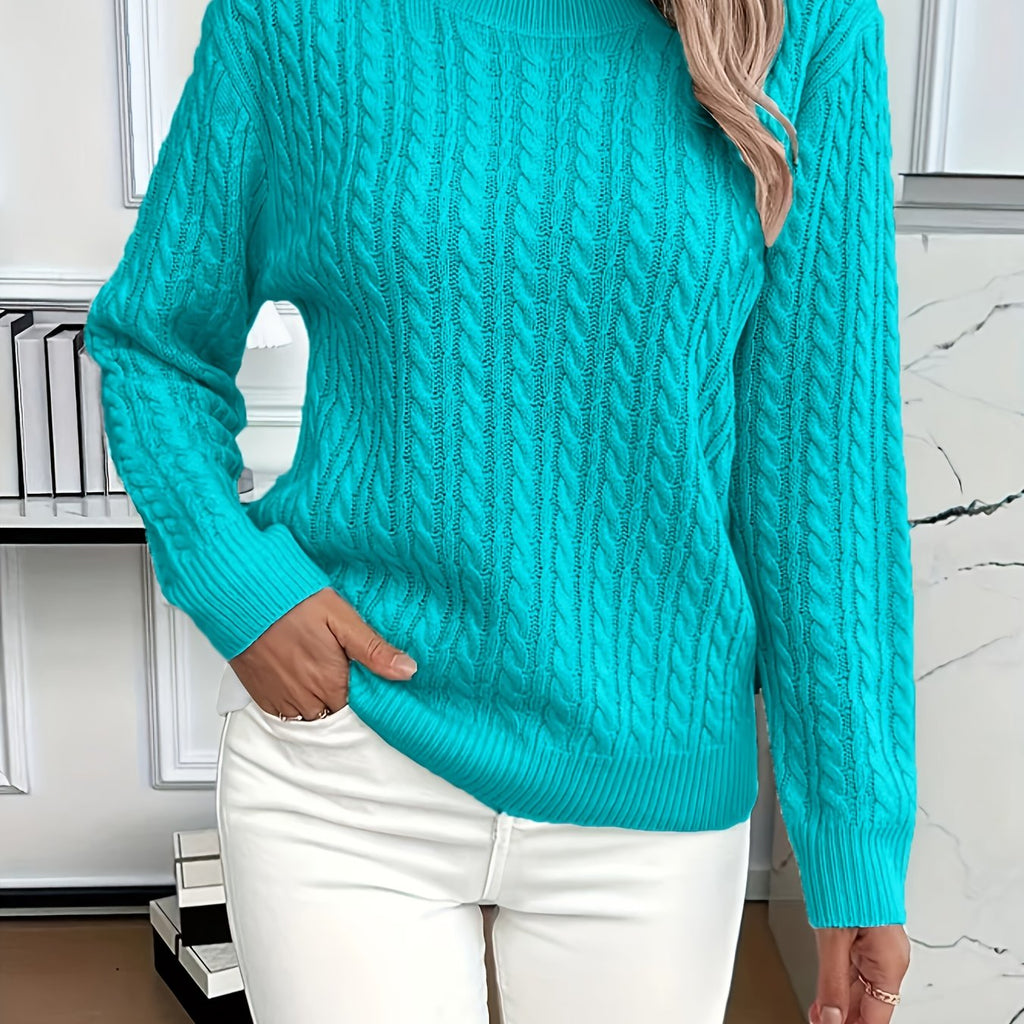 Mint Green Cable Knit Sweater Women's Round Neck Long Sleeve – Casual, Office