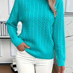 Mint Green Cable Knit Sweater Women's Round Neck Long Sleeve – Casual, Office