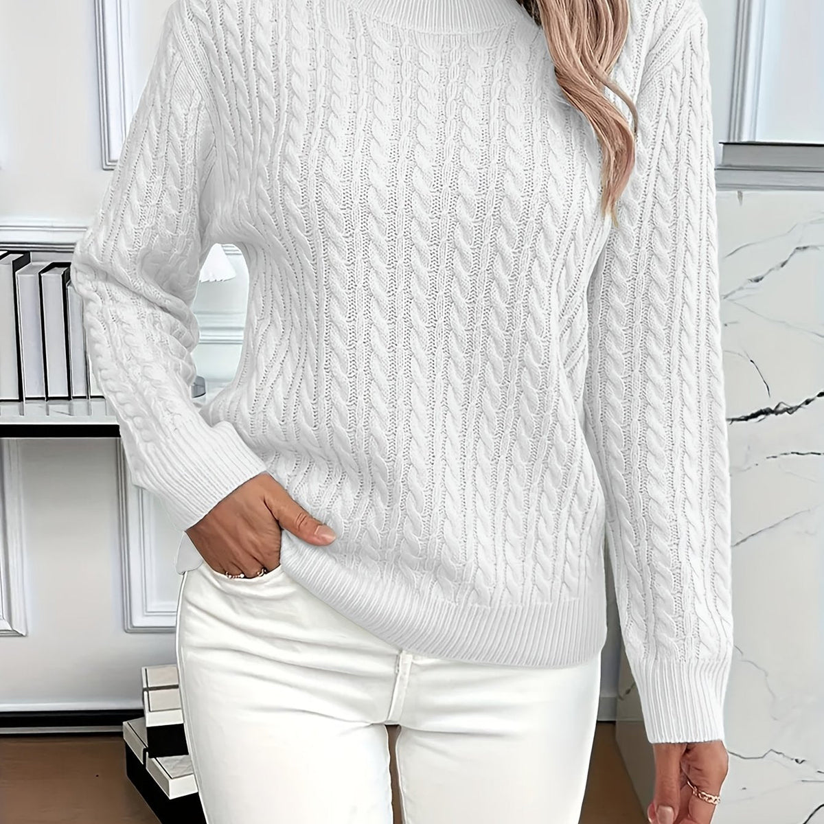 Mint Green Cable Knit Sweater Women's Round Neck Long Sleeve – Casual, Office