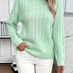 Mint Green Cable Knit Sweater Women's Round Neck Long Sleeve – Casual, Office