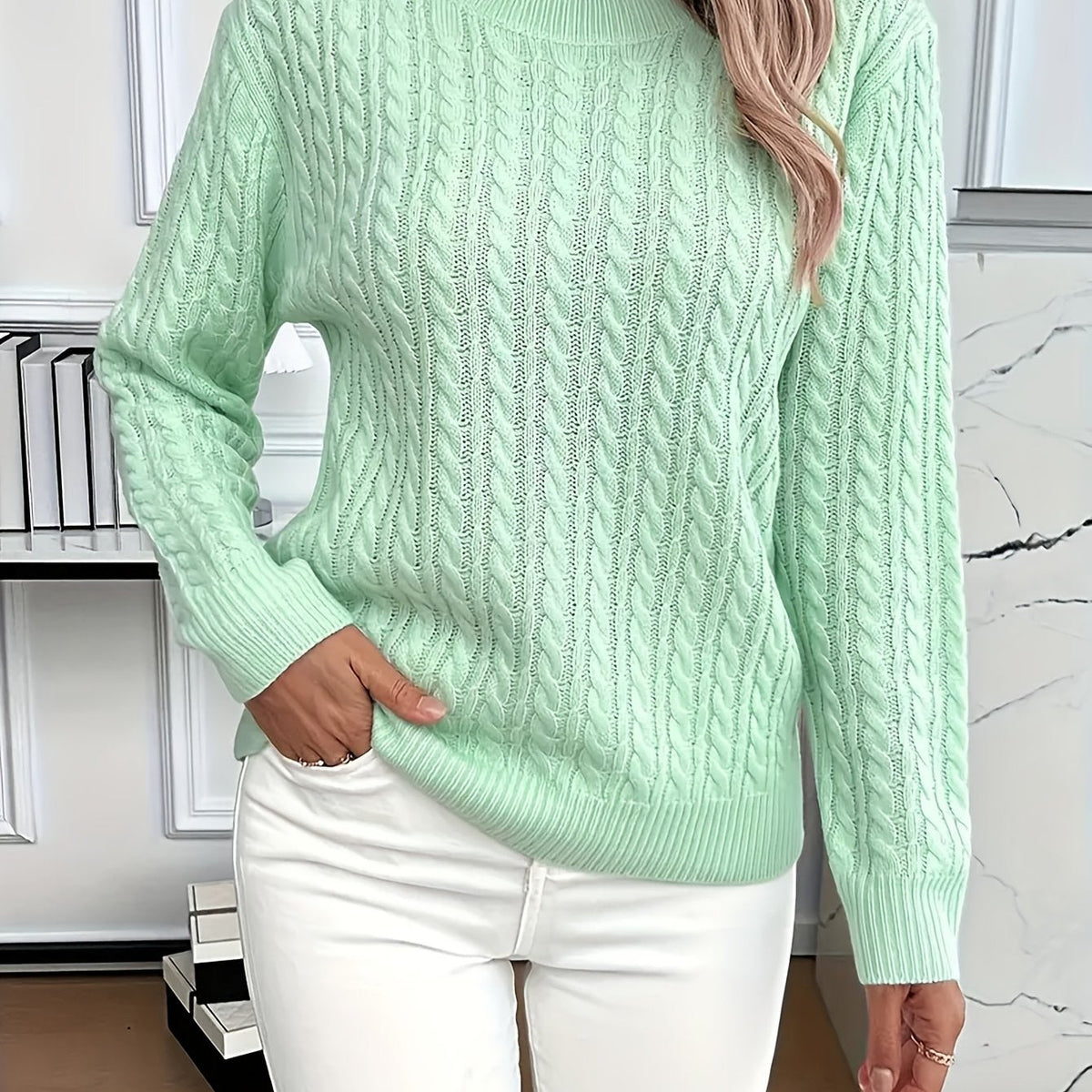 Mint Green Cable Knit Sweater Women's Round Neck Long Sleeve – Casual, Office