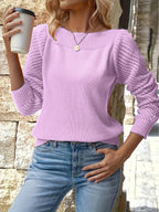 Openwork Sleeve Sweater Blue Women's Boat Neck Knit Pullover – Casual, Office