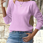 Openwork Sleeve Sweater Blue Women's Boat Neck Knit Pullover – Casual, Office