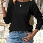 Openwork Sleeve Sweater Blue Women's Boat Neck Knit Pullover – Casual, Office