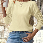 Openwork Sleeve Sweater Blue Women's Boat Neck Knit Pullover – Casual, Office