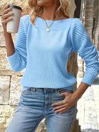 Openwork Sleeve Sweater Blue Women's Boat Neck Knit Pullover – Casual, Office