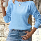 Openwork Sleeve Sweater Blue Women's Boat Neck Knit Pullover – Casual, Office