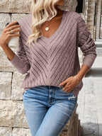 Pointelle Knit V-Neck Sweater Women's Blue Long Sleeve – Casual, Office