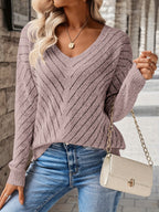 Pointelle Knit V-Neck Sweater Women's Blue Long Sleeve – Casual, Office