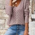 Pointelle Knit V-Neck Sweater Women's Blue Long Sleeve – Casual, Office