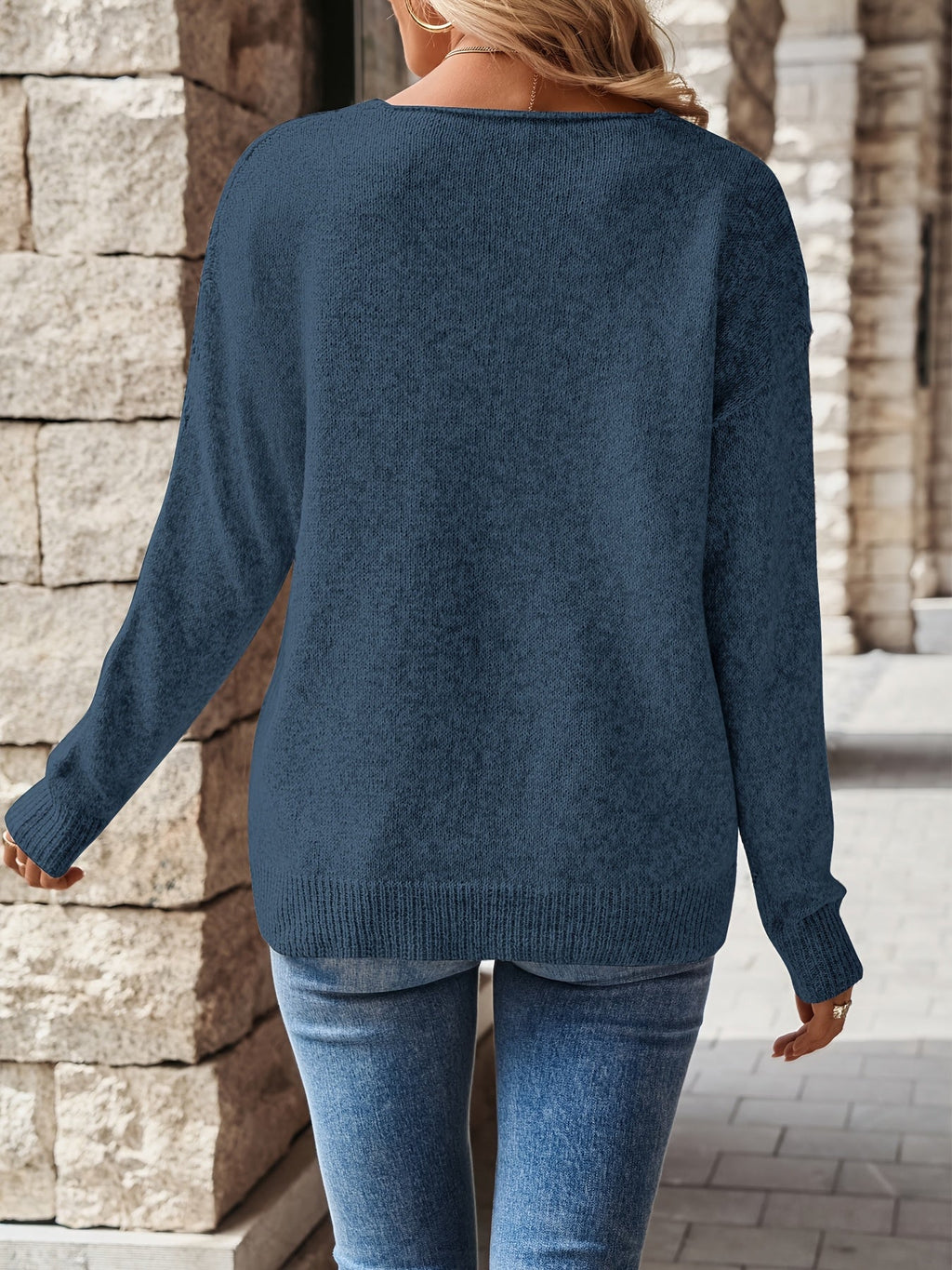 Pointelle Knit V-Neck Sweater Women's Blue Long Sleeve – Casual, Office