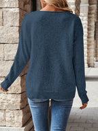 Pointelle Knit V-Neck Sweater Women's Blue Long Sleeve – Casual, Office