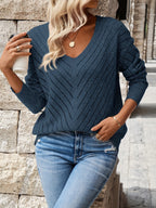 Pointelle Knit V-Neck Sweater Women's Blue Long Sleeve – Casual, Office