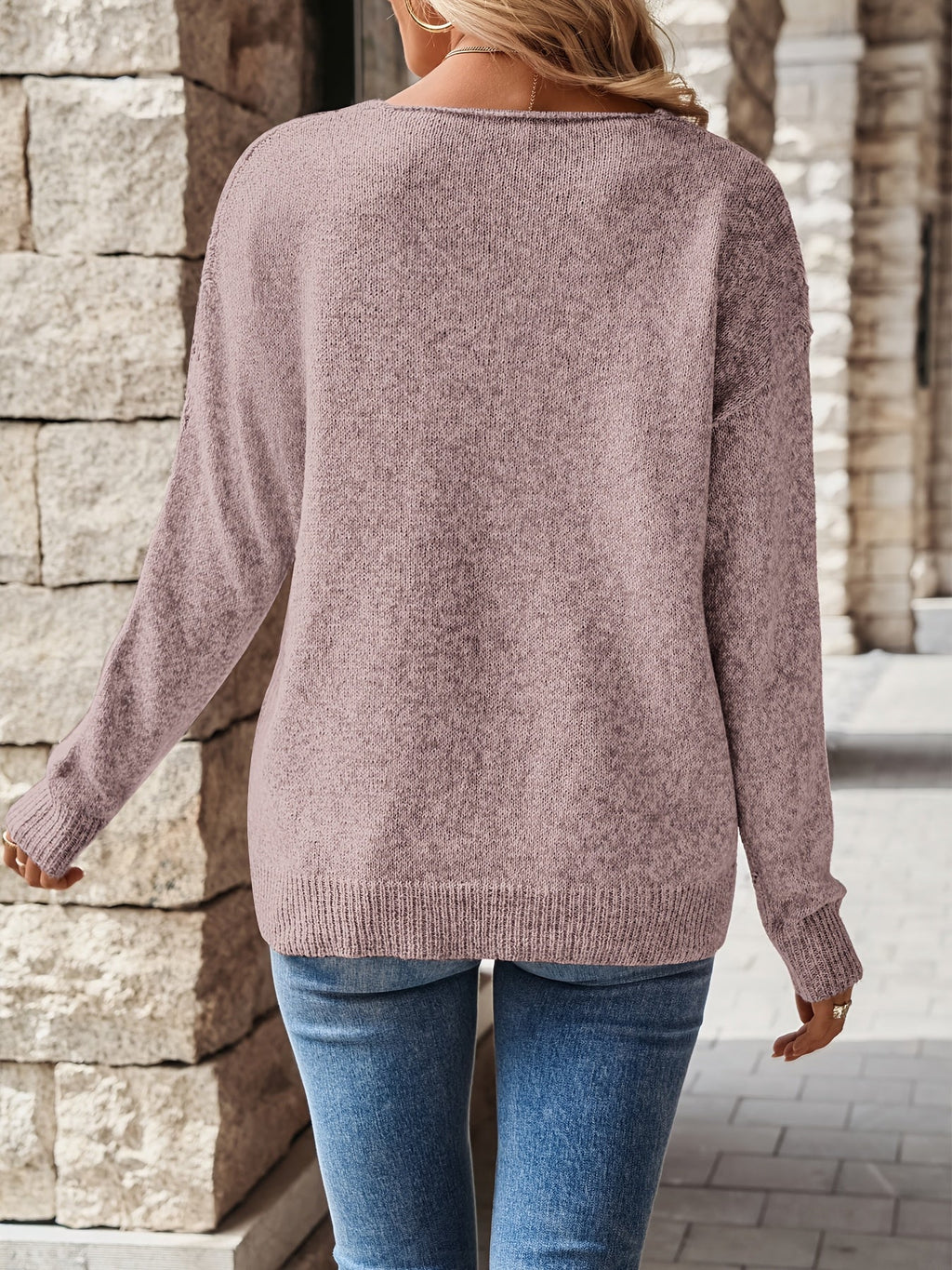 Pointelle Knit V-Neck Sweater Women's Blue Long Sleeve – Casual, Office