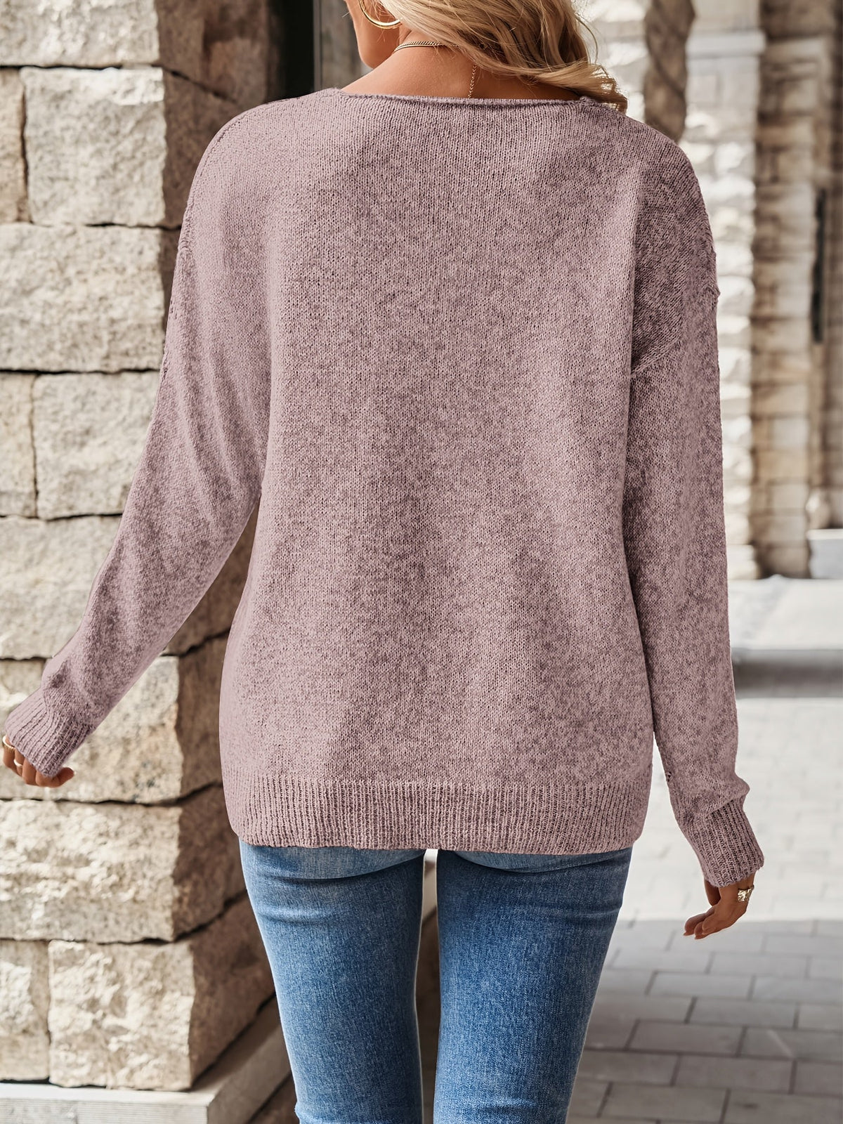 Pointelle Knit V-Neck Sweater Women's Blue Long Sleeve – Casual, Office
