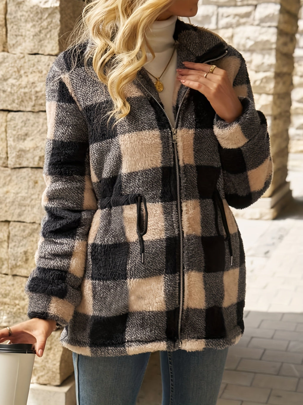 Women's Cozy Checked Hooded Jacket – Casual Wear, Outdoor Activities